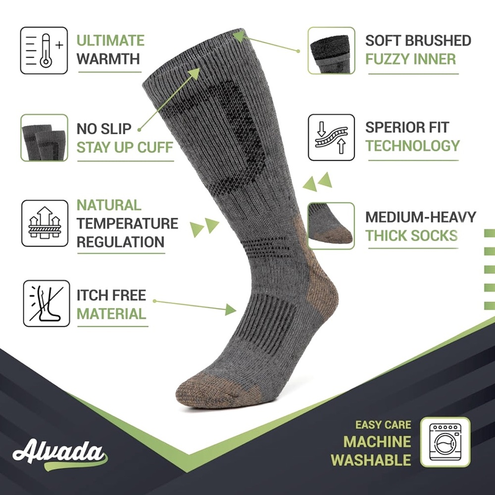 NWT Alvada Charcoal Merino Wool Hiking Socks Thermal 3 Pairs, size Shoe 6 - 10
